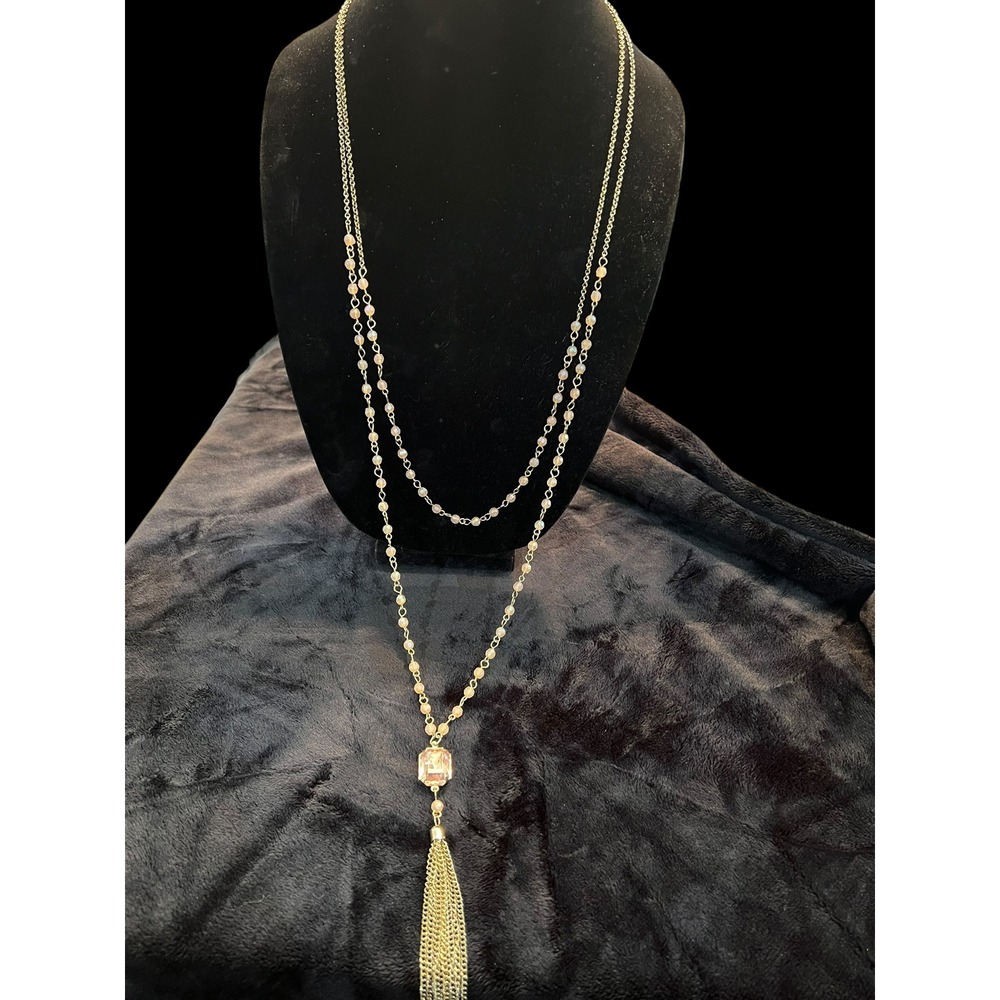 Double Strand Gold Tone Acrylic Rhinestone Tassel Pendant Necklace 36" Long